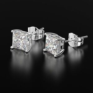 18k White Gold Plated Square Princess Cut CZ Earrings Studs 1 Carat Gold Diamond